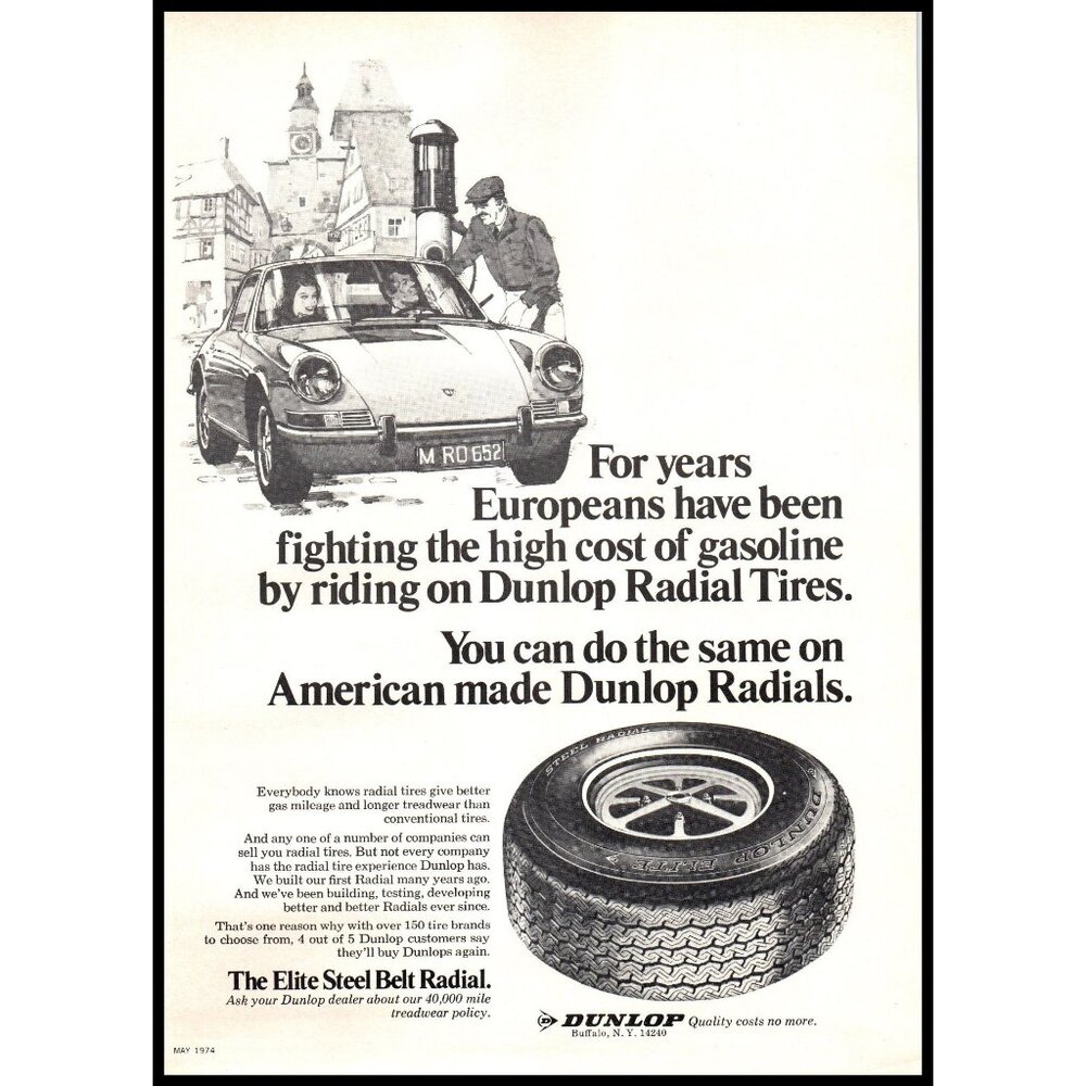 1974 Porsche 911 Dunlop Tires Vintage Print Ad Radial Alpine Village Wall Art